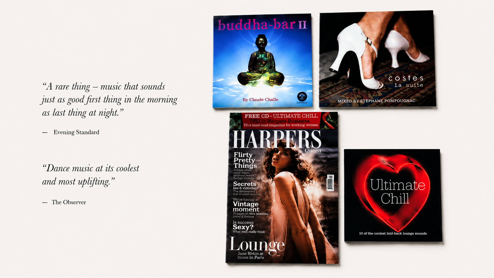 Quotes about music and sound alongside selected covers.